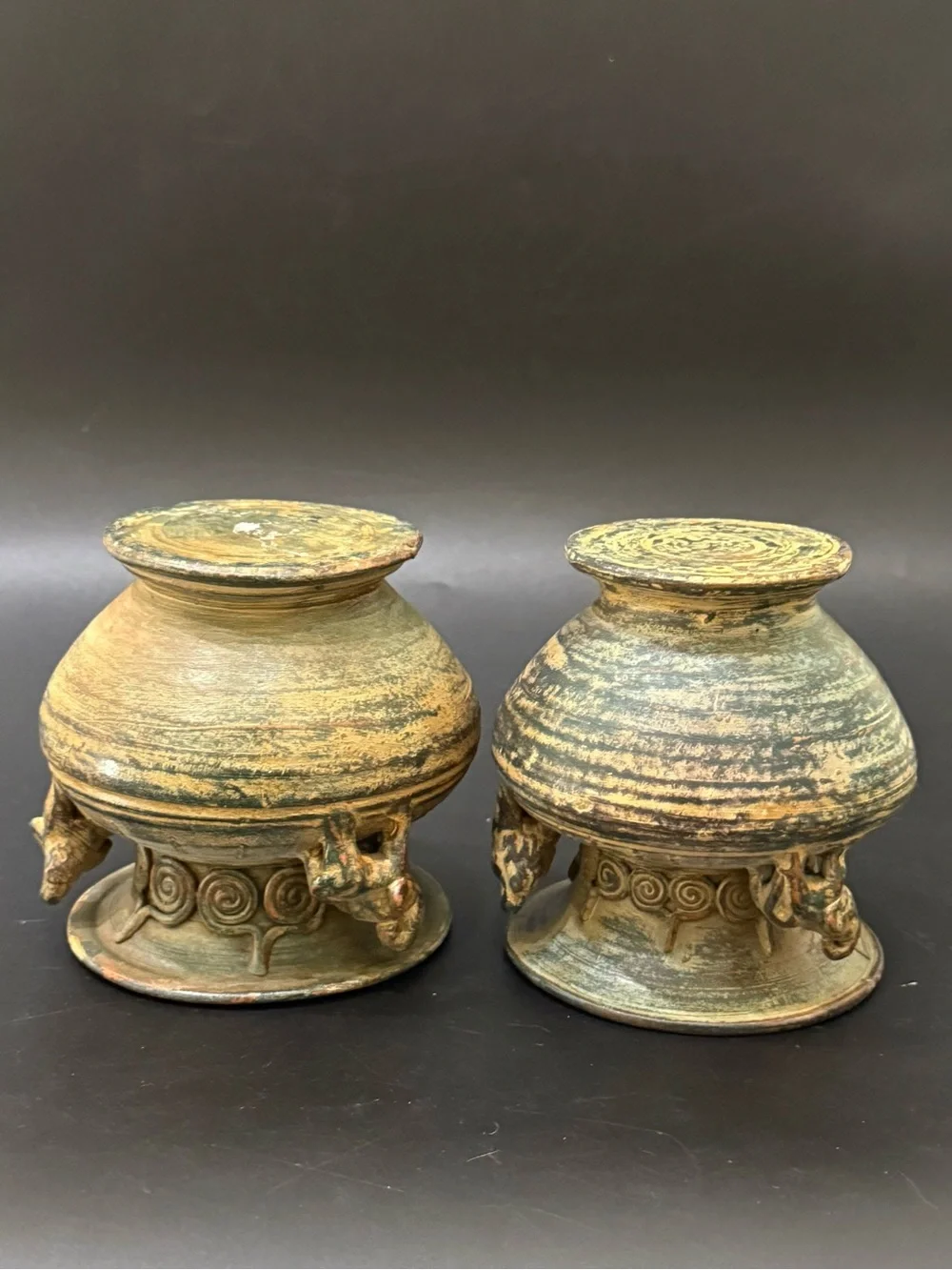 Pair of Vintage Asian Pottery Elephant Details 4.25” Vase